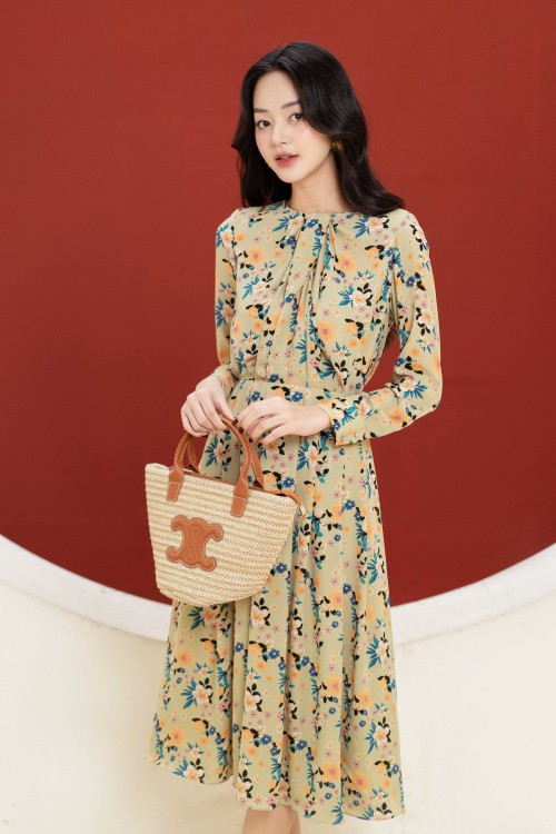 Sixdo Green Nuggets Floral Midi Chiffon Dress